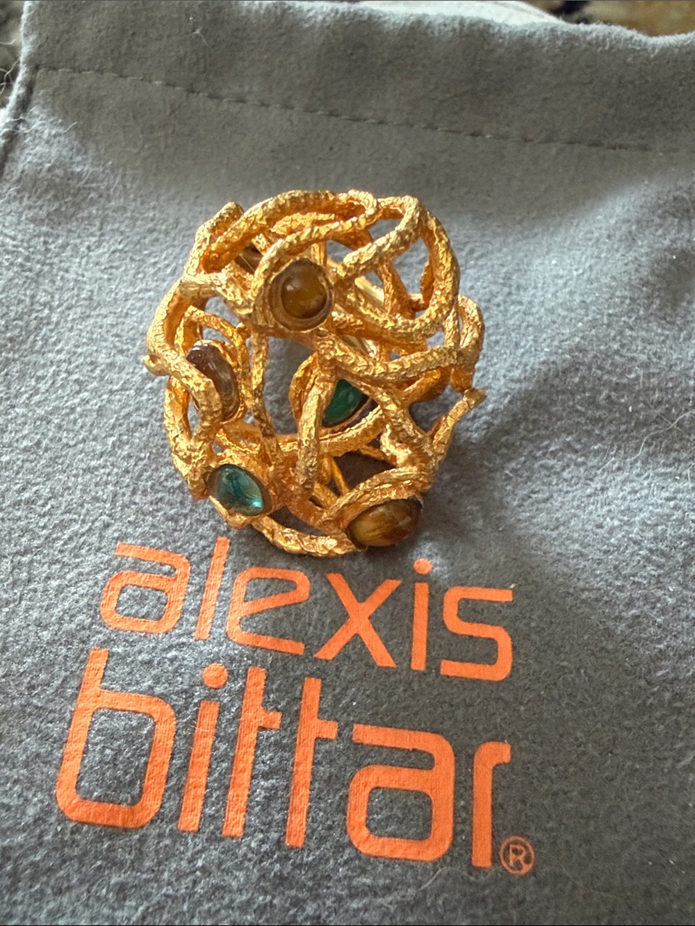 Alexis Bittar Gold-Tone Bird’s Nest Lattice Cocktail Ring with Cabochons, size 7